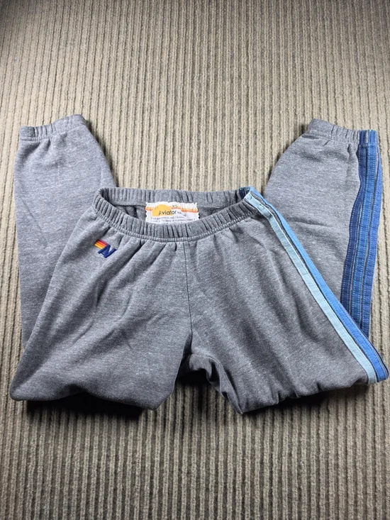 Aviator Nation 5 Stripe Sweatpants Women’s Size XS Heather Grey Blue Stripe - Picture 2 of 11